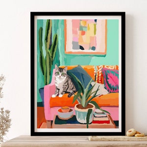 Tabby Cat On A Sofa In Boho Living Room Painting Animal Lovers Wall Art Print Poster Framed Art Gift