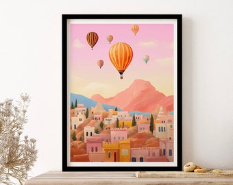 Capodoccia Turkey Hot Air Ballons Travel Illustration Painting Pink Tones Wall Art Print Poster Framed Art Gift