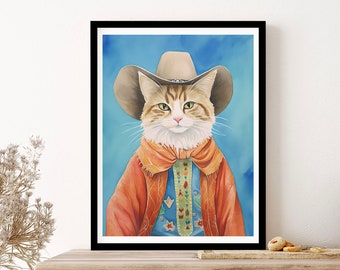 Cowboy Cat Quirky Western Print Pet Decor 4 Wall Art Print Poster Framed Art Gift