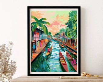 Bangkok Floating Market Travel Illustration Housewarming Painting Wall Art Print Poster Framed Art Gift