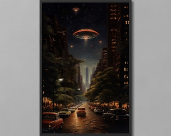 Vintage Futuristic UFOs over 1950s New York City Poster | Retro Sci-fi Wall Art | Science Fiction Print | Retro Futurism Art | Saucer