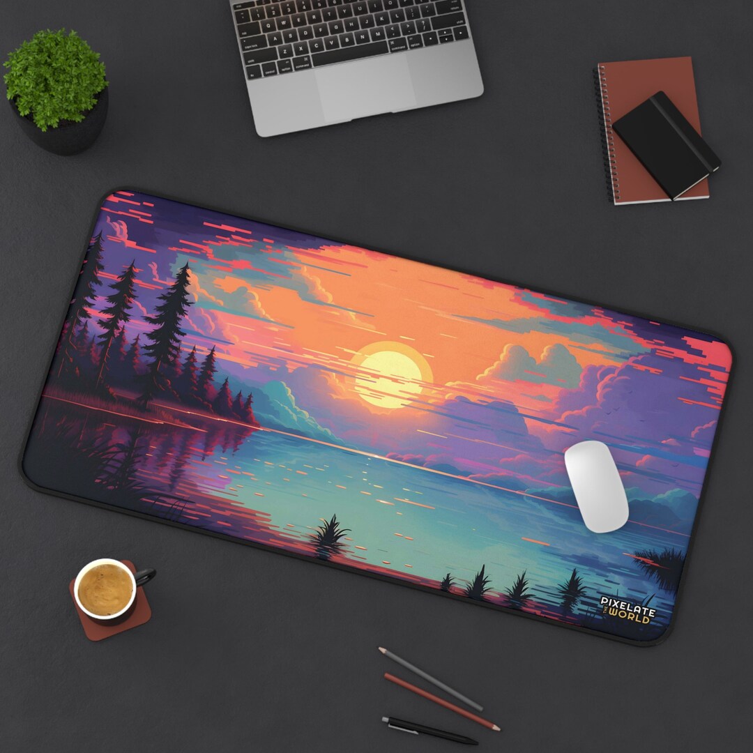 Pixel Art Desk Mat Scenic Lake Design Vibrant Colors Unique Etsy