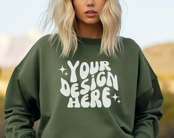 Gildan 18000 Military Green Mockup, Gildan Sweatshirt Mockup, Sweatshirt Model Mockup, Green Gildan Crewneck Mockups, Aesthetic 18000 Mockup