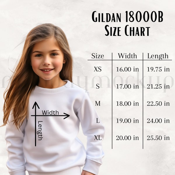 Gildan 18000B Size Chart, Sizing Guide, Kid Sweatshirt, Crewneck Size Chart, Kid Size Chart, Gildan Kid Mockup, Child Mock Up