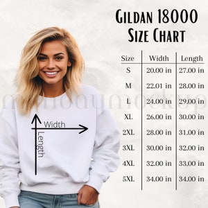 Gildan 18000 Größentabelle für Frau, G18000 Größentabelle, Sweatshirt Größentabelle, Größentabelle Mockup, Damen Größentabelle Gildan 18000 Mockup