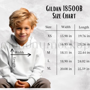 Gildan 18500B Size Chart, Sizing Guide, Kid Sweatshirt, Size Chart, Kid Size Chart, Gildan Toddler Mockup, Child Mock Up