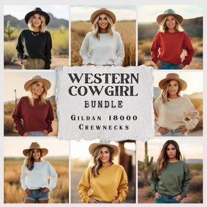 May include: A collage of nine images featuring women wearing various colors of Gildan 18000 crewneck sweatshirts. The text "WESTERN COWGIRL BUNDLE" and "GILDAN 18000 CREWNECKS" is displayed on a white background.