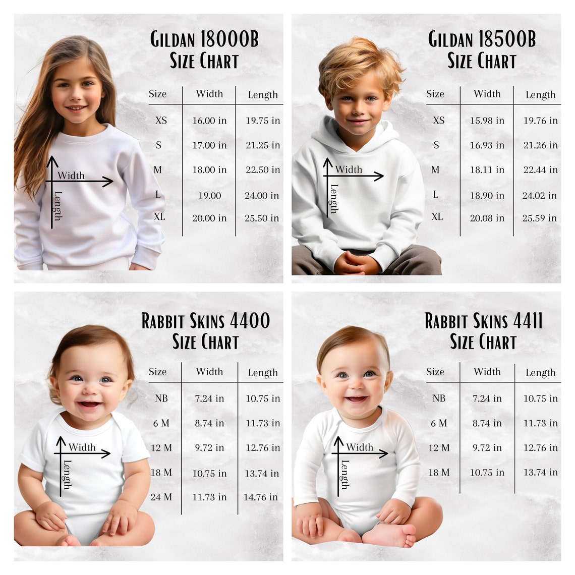 Toddler and Youth Size Chart Mockup Bundle, Kids Size Chart Mockups