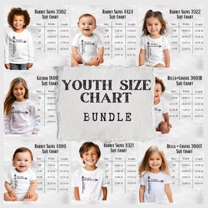 Paquete de maquetas de tablas de tallas para niños pequeños y jóvenes, maquetas de tablas de tallas para niños, tabla de tallas Bella Canvas 3001Y, pieles de conejo, tablas de tallas Gildan 18000b
