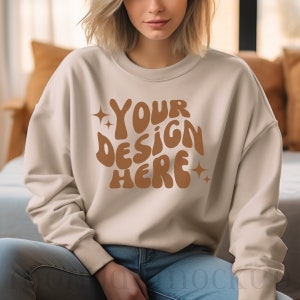 Gildan 18000 Mockup, Gildan Sand Sweatshirt Mockup, Sweatshirt Model Mockup, Sand Gildan Crewneck Mockups, Heavy Blend