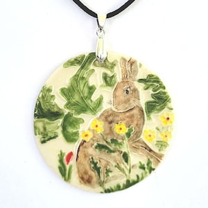 Handmade porcelain pendant William Morris Arts and Crafts Movement gift for mom bunny pendant gift for girlfriend hare pendant gift for wife