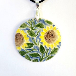 handmade porcelain pendant, sunflower pendant, Arts and Crafts, William DeMorgan, William Morris, sunflower necklace, gift for her, gift box