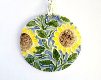 handmade porcelain pendant, sunflower pendant, Arts and Crafts, William DeMorgan, William Morris, sunflower necklace, gift for her, gift box