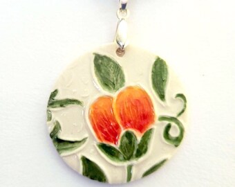 Handmade porcelain pendant artichoke flower orange flower John Dearle, Arts and Crafts Movement, William Morris, gift for Mom, gift for her