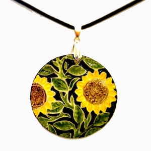 handmade porcelain pendant, sunflower pendant, Arts and Crafts, William DeMorgan, William Morris, sunflower necklace, gift for Mom, gift box