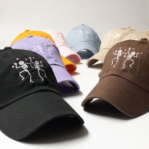 Dancing Skeletons & Hearts Embroidered Dad Hat - Spooky Embroidery Cap - Glow in the Dark