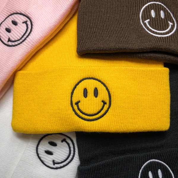 Smiley Face Embroidered Beanie - Smiley Face Embroidery