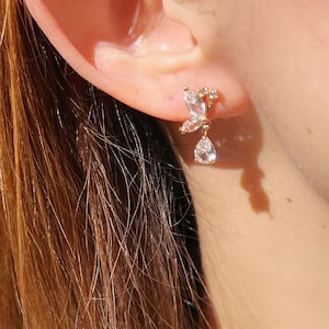 Dainty CZ Butterfly Shaped Stud Earrings With Dangling Charm, Crystal Butterfly Stud Earrings in 14K Gold, Marquise Gemstone Earrings