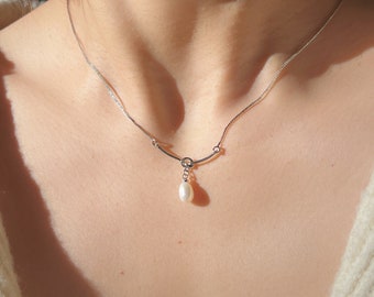 Einzelne Perlenkette, ovale Süßwasserperlen-Anhänger-Halskette, 925 Stelling Splitter-Perlenkette, Brautjungfern-Geschenk, Geschenk für sie