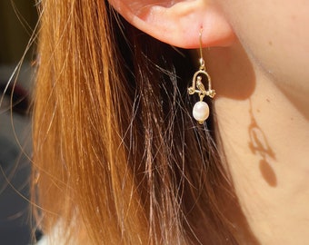 Gold Birdcage Earrings with Pearl, Dangle Bird Drop Earrings
