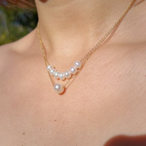 Double Chain Pearl Necklace, Dainty Pearl Layered Necklace, 14K Gold chain Bead Choker, Bridesmaid Gift, Wedding Necklace, Gift for Her