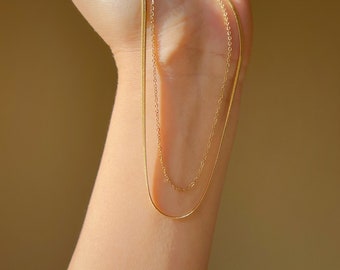 Layered 18K Gold Herringbone Schlangenkette Halsketten-Set