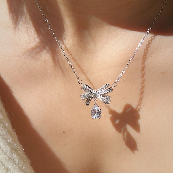Silver Bow Charm Necklace with Drop Diamond , CZ Diamond Ribbon Bow Necklace on 925 Sterling Silver, Bow Pendant Necklace gift for mom