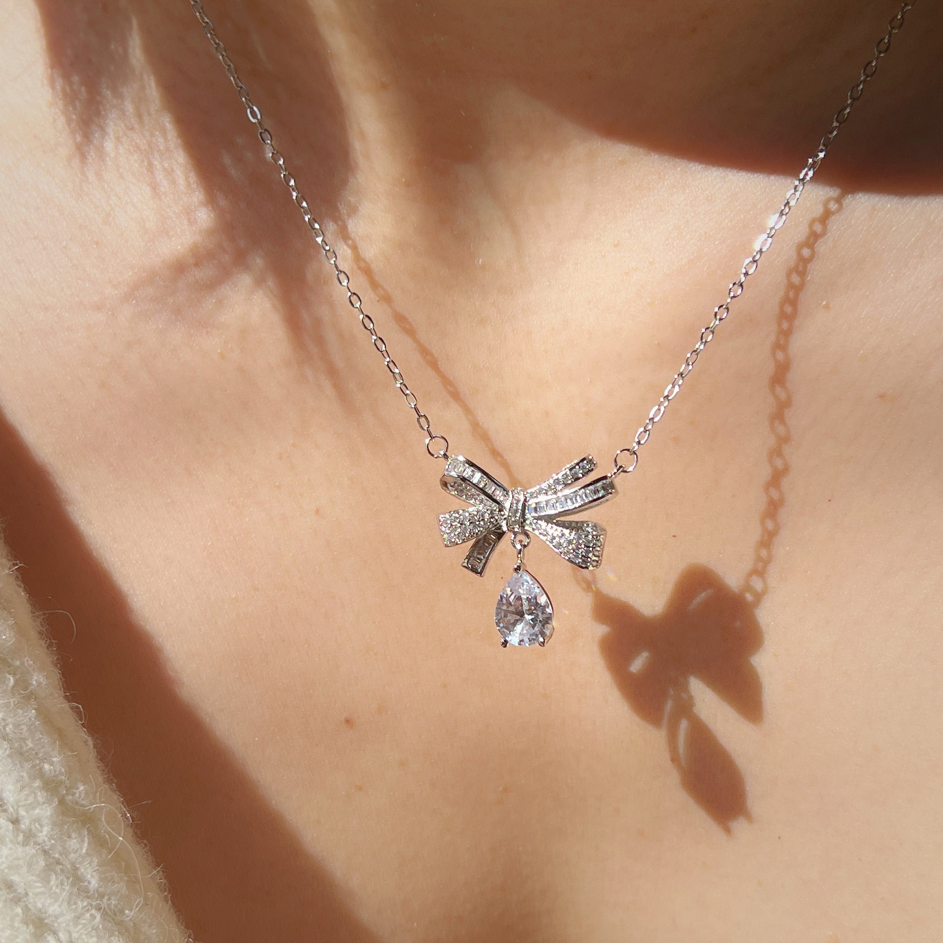 Silver Bow Charm Necklace With Drop Diamond , CZ Diamond