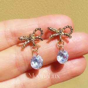 Gold Bow Earrings with Round Diamond Drop, CZ Diamond Bow Earrings, Bow Stud Earrings, Bow Drop Earrings , Gift for her, Birthday Gift