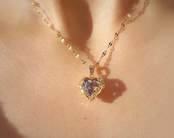 Rainbow Zircon Heart Pendant Necklace, 14K Gold Plated