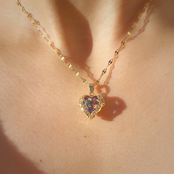 Rainbow Zircon Heart Pendant Necklace, 14K Gold Plated