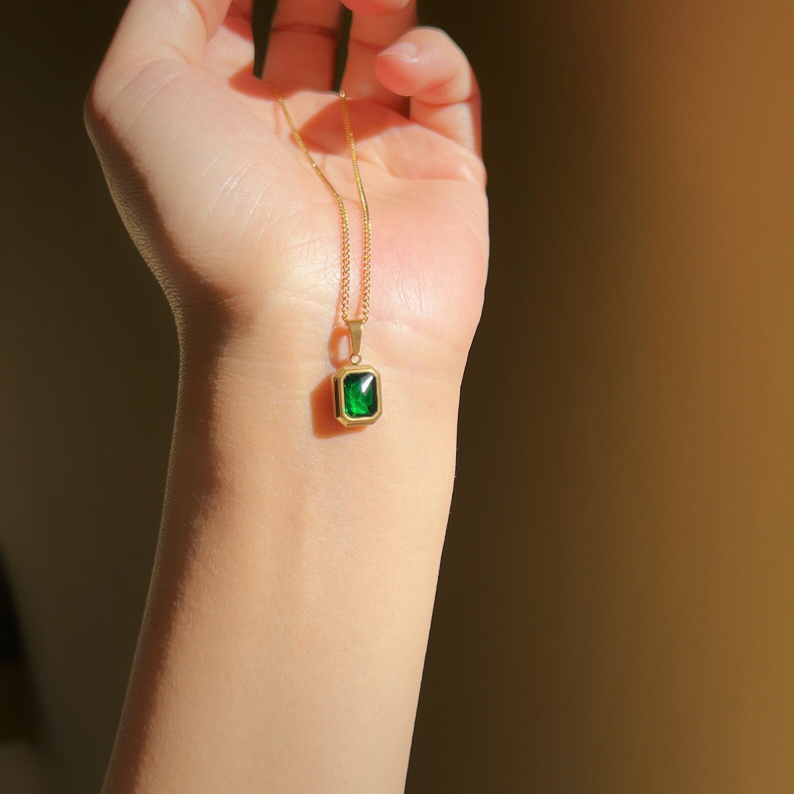 Emerald Pendant Necklace, 14K Gold Plated Minimalist Necklace, Green