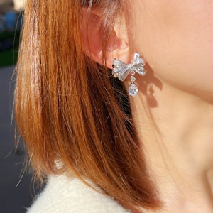 Silver Bow Earrings with Drop Diamond charm, CZ Diamond Ribbon Bow Earrings on 925 Sterling Silver, Bow Stud Earrings, Bow Drop Earrings