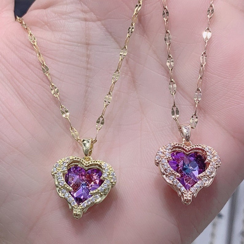 Rainbow Purple Diamond Heart Pendant Necklace, 14K Gold Plated Zircon Minimalist Necklace