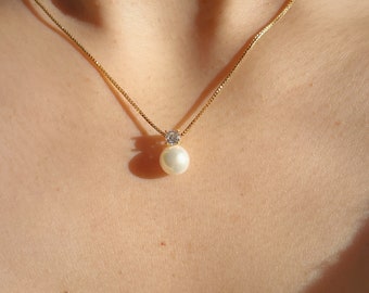 Minimalistische einzelne Perlenkette, Hochzeitskette, Diamant-Halskette, 18K Gold gefüllte Perlen-Anhänger-Halskette, Brauthalskette, Geschenk für sie