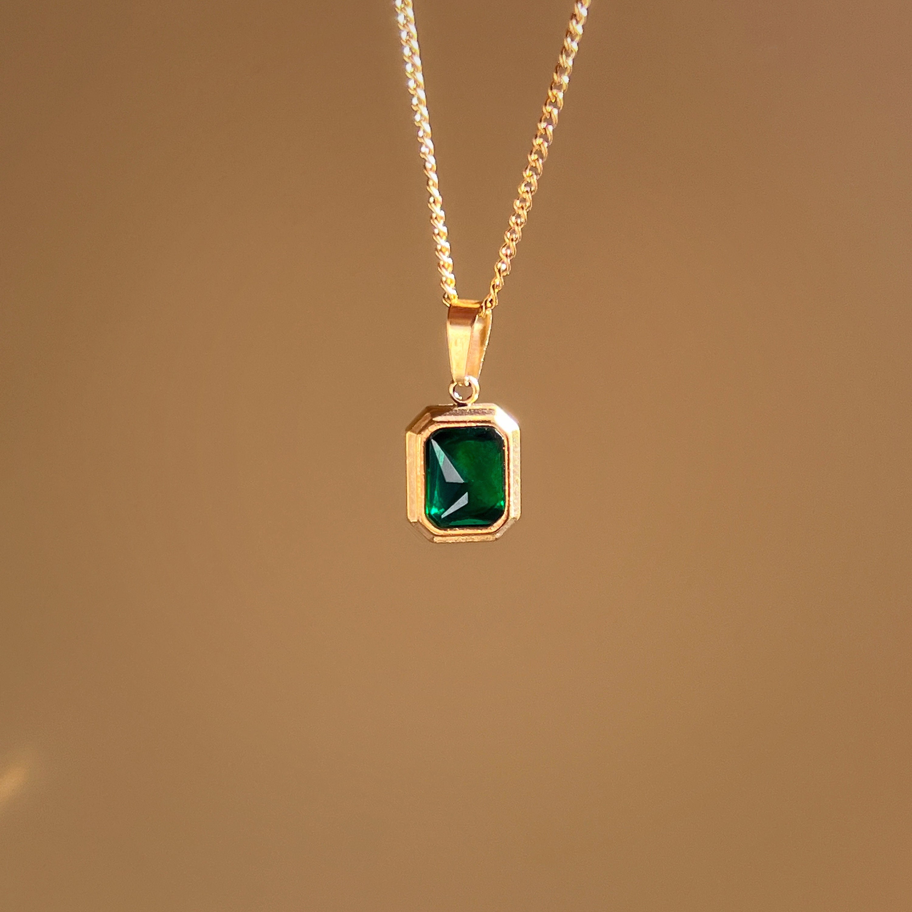 Emerald Pendant Necklace, 14K Gold Plated Minimalist Necklace, Green ...