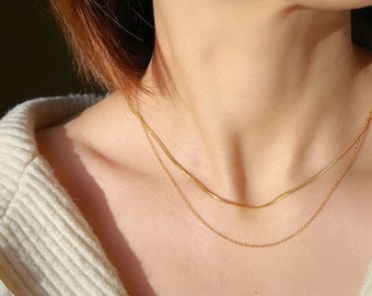 Duo Chain Herringbone & Dainty Necklace, Layered 2.2mm Snake Chain Necklace Set, Layered Necklace ,Perfect Everyday Jewelry, Gift for Her