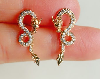 Gold Flying Dragon Stud Earrings, Gothic Crawler, Crystal