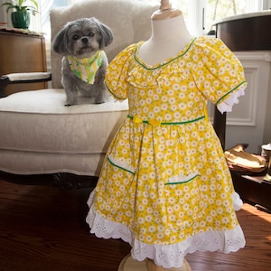 May include: A yellow dress with a white daisy print and green trim. The dress has a ruffled neckline, short sleeves, and a white lace trim around the bottom.