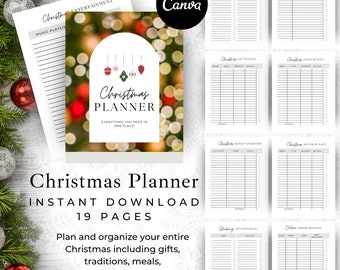 May include: A printable Christmas planner with a festive red and green color scheme. The planner includes 19 pages with sections for family traditions, gift budgets, food budgets, and more. The cover features a red and green ornament design with a blurred background of Christmas lights.