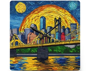 Van Gogh Inspired Pittsburgh City Skyline Acrylic Wall Clock