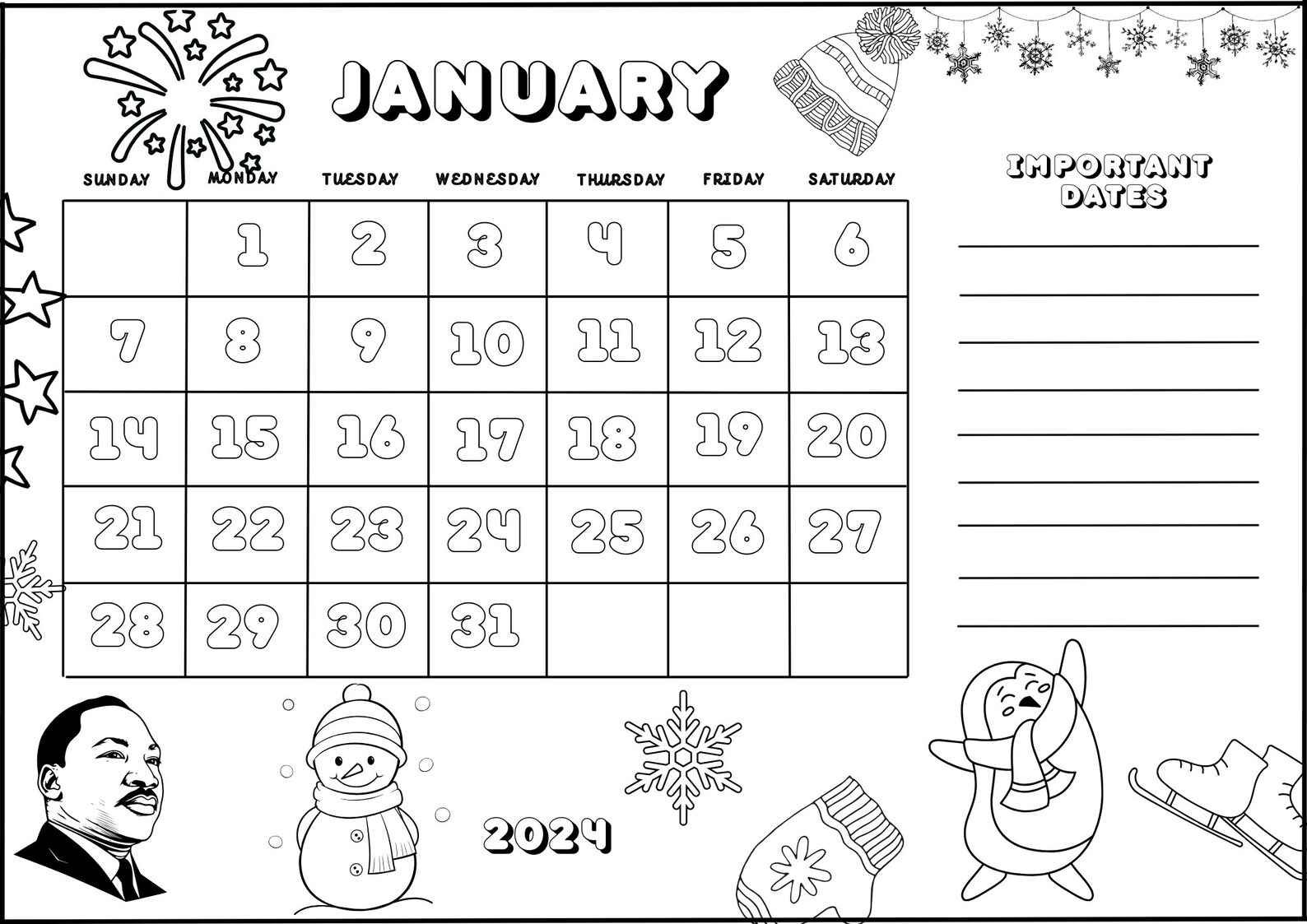 Printable Coloring Calendar 2024 for Kids, Traceable Numbers, Printable