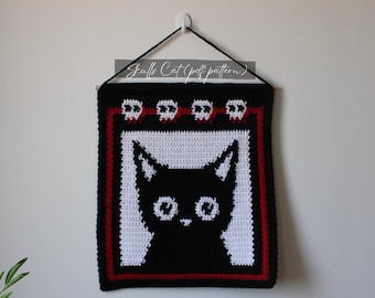 Cat with Skulls Tapestry Crochet Pattern: Halloween Goth Decor (PDF Pattern)