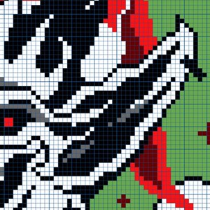 May include: Pixelated artwork featuring a black and white design with red and green accents. The image is composed of a grid of squares, creating a mosaic effect. The design appears to be a stylized representation of a wing or feather.