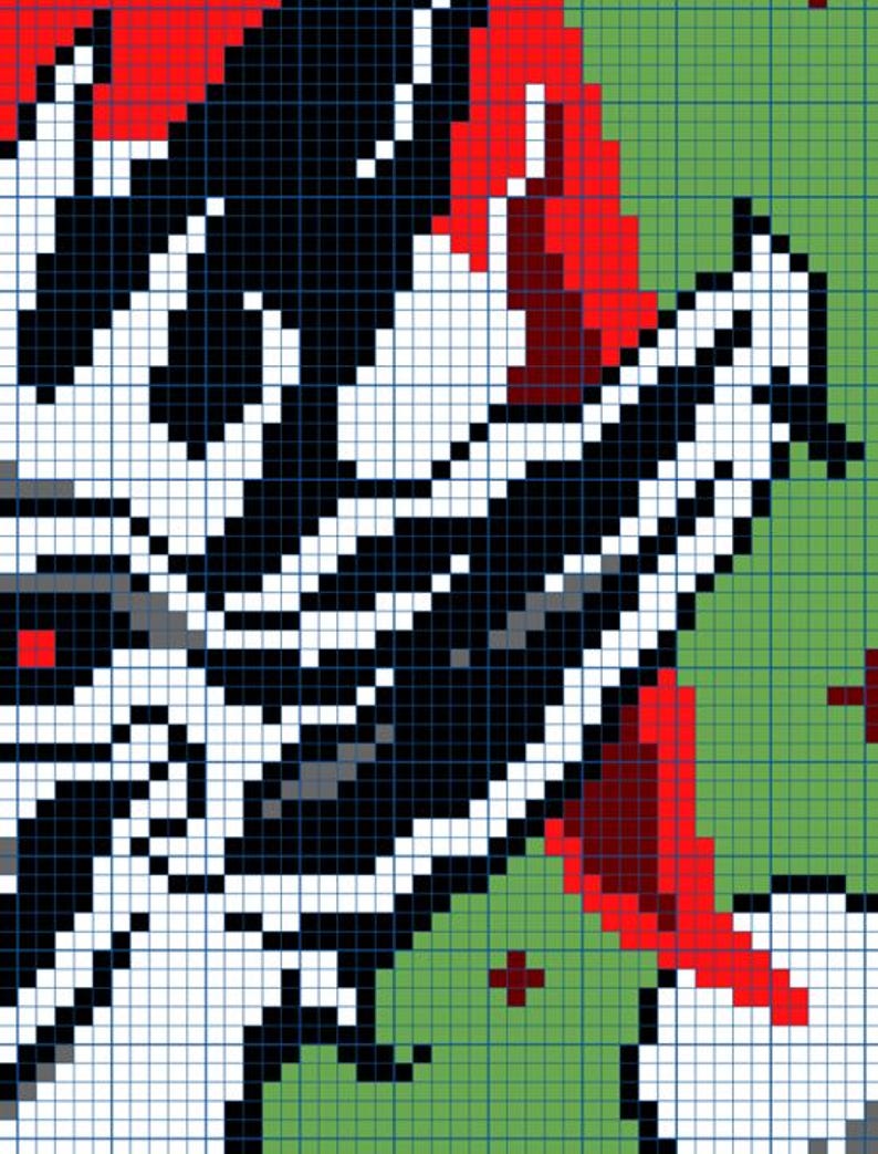 May include: Pixelated artwork featuring a black and white design with red and green accents. The image is composed of a grid of squares, creating a mosaic effect. The design appears to be a stylized representation of a wing or feather.