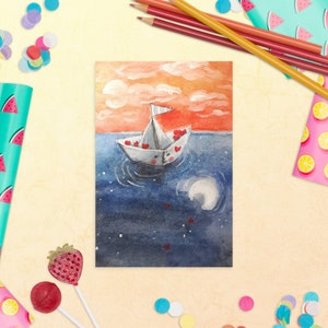 Stampa artistica cartolina standard Piccolo tramonto di barchetta di carta