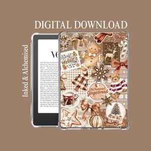 Könnte beinhalten: Digitaler Download einer Tablet-Hülle mit festlichem Weihnachtsthema. Die Hülle zeigt Lebkuchenmänner, Schneeflocken und andere festliche Elemente in Braun- und Cremetönen. Der Text "DIGITALER DOWNLOAD" steht oben.