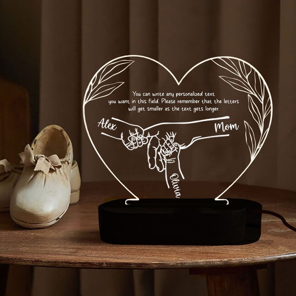 Personalized Mom And Kid Hands Heart Night Light, Custom Mother's Day Gifts From kids,Custom Kids Hand Names,Hands Mom/Grandma and Childs