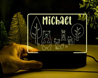 Nuit personnalisée d’animal de jungle, veilleuse de safari de jungle avec le nom, veilleuse personnalisée de chambre de bébé, cadeau de Noël d’enfants, lampe de nuit de pépinière