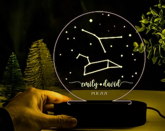 Luz nocturna personalizada con mapa estelar del zodíaco, luz nocturna astrológica, lámpara de constelación del zodíaco celestial, regalos de aniversario de compromiso.